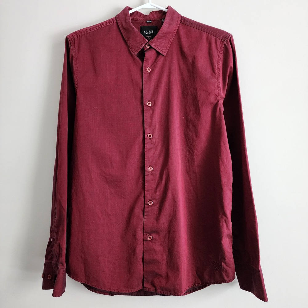 Guess Slim Fit Button‎ Up Shirt Mens Small Burgundy Romantic Goth Silky Retro